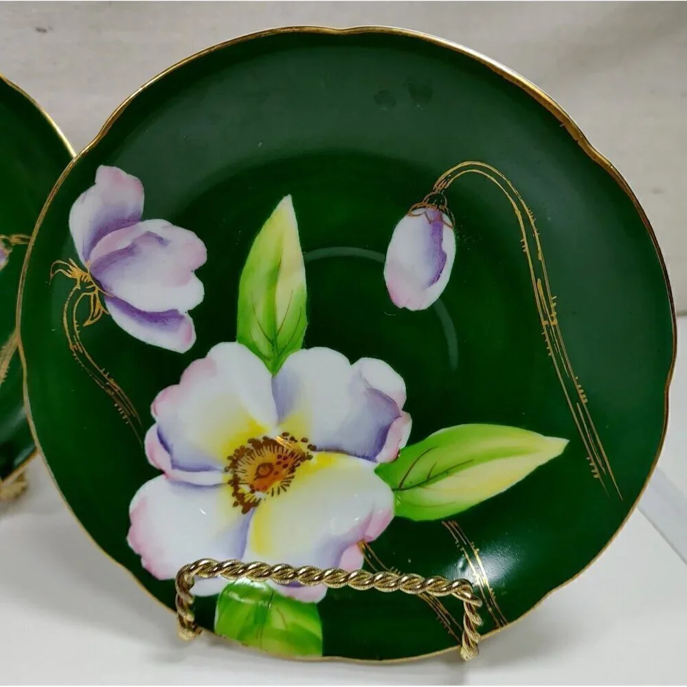 Silver China Occupied Japan Green Hand Painted Flowers Gold Trim Saucer Set Of 3